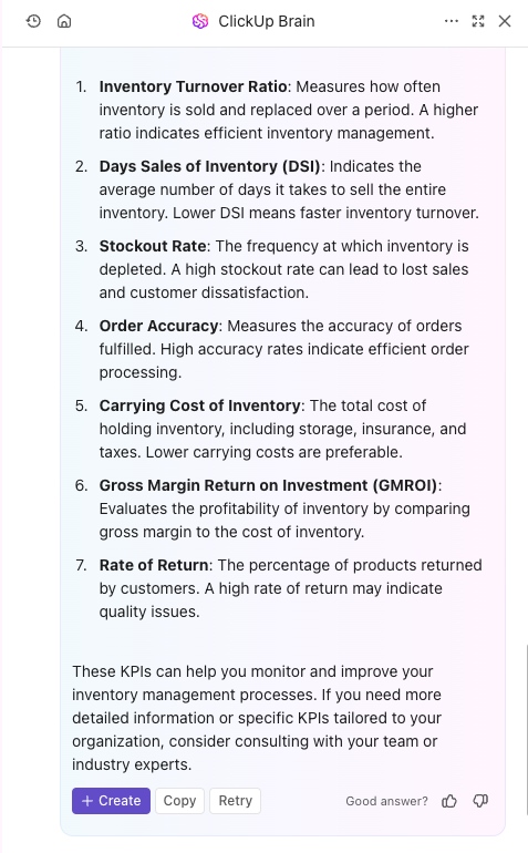 ClickUp Brain inventory KPIs